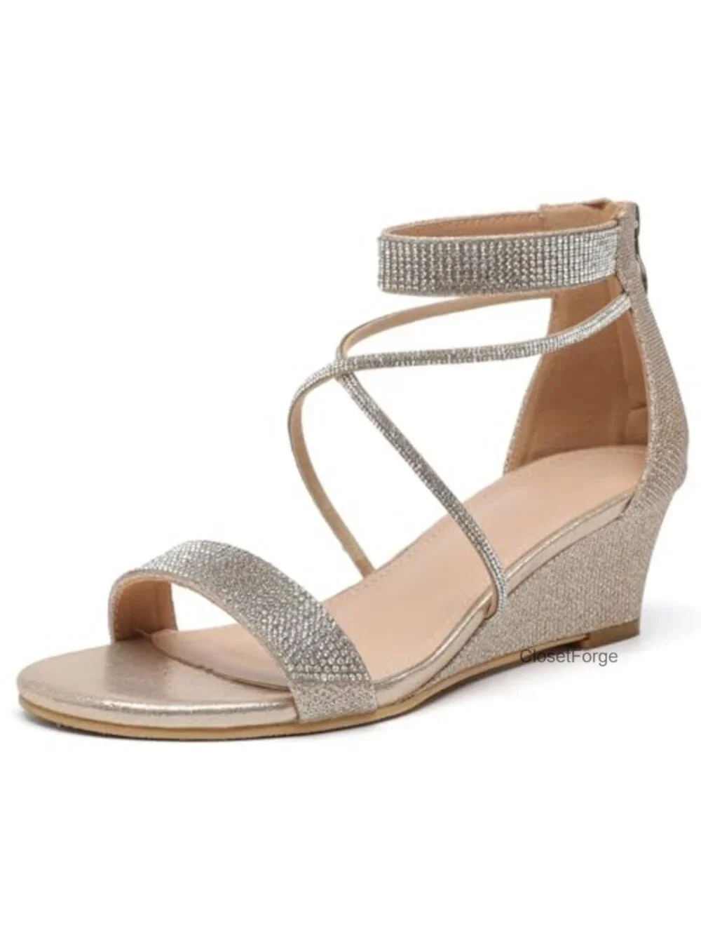 Women Low Wedge Heel Sandals Open Toe Rhinestone Ankle Strap Party